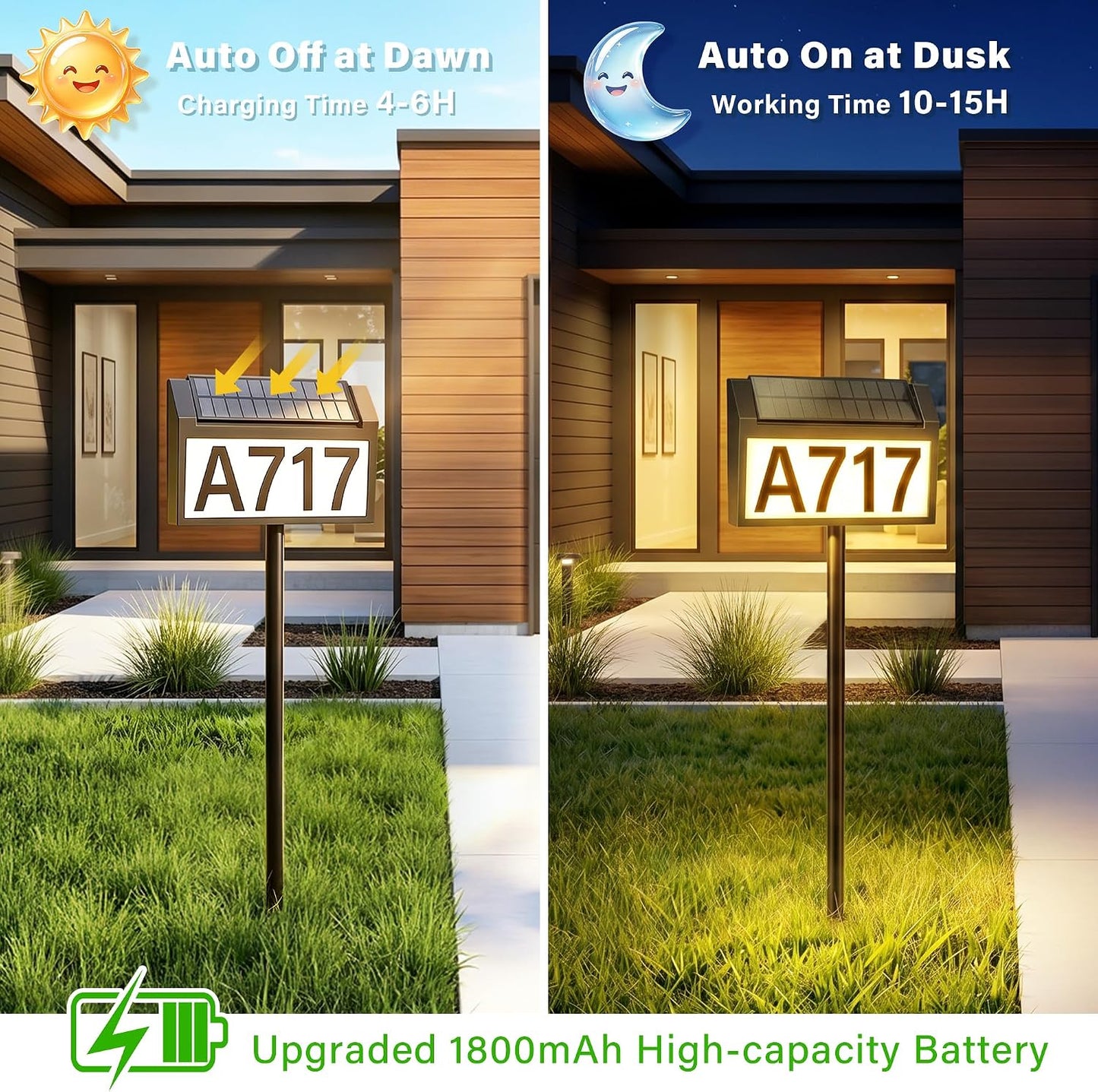 Solar Address Sign, 3 Modes House Number Sign with Adjustable Panel | LED Lighted Address Numbers, Wall Mounted & In Ground, Waterproof, DIYable Address Plaque with Stake for Yard House Garden