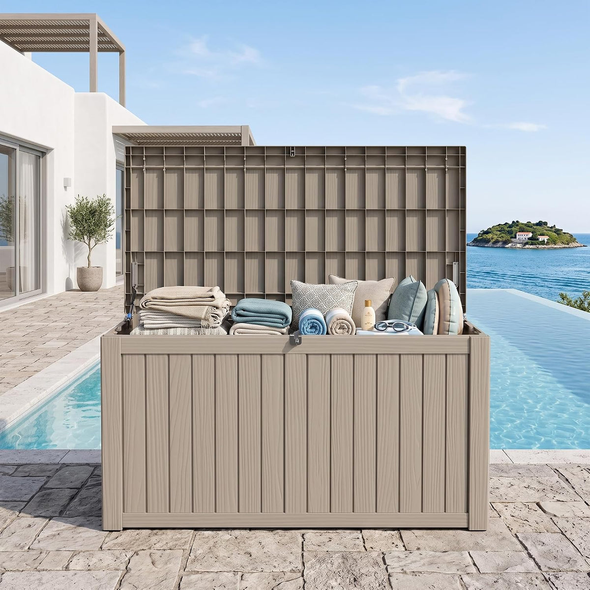 outdoor storage box, 180 gallon waterproof deck box, main product view