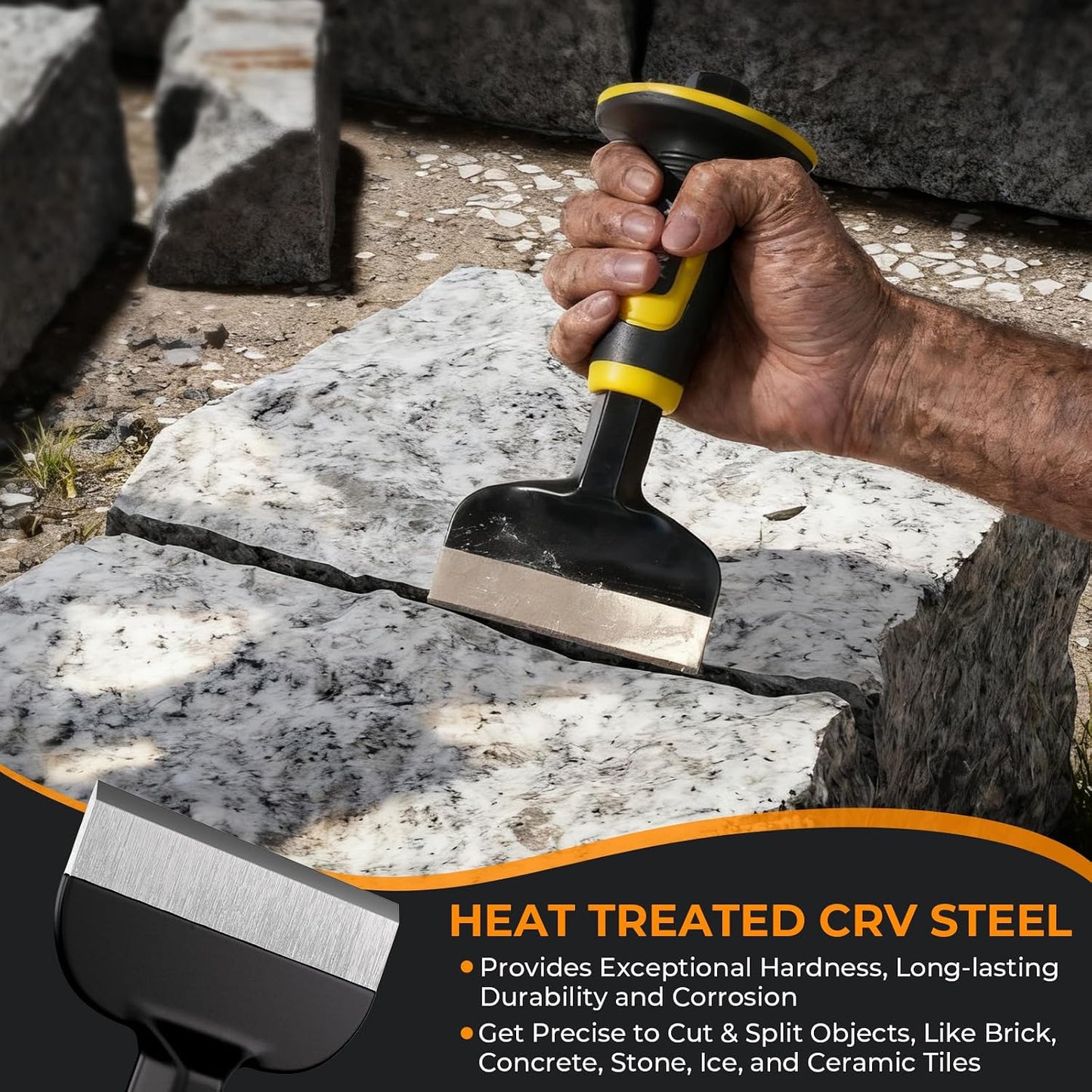 INCLY 3PCS Masonry Chisel Set with Hand Guard, Stone and Rock Chisel | Heavy Duty Concrete Chisel Tools, Including 11 Inch Point & Flat Chisel, 8 Inch Brick Chisels for Breaking Splitting Cutting