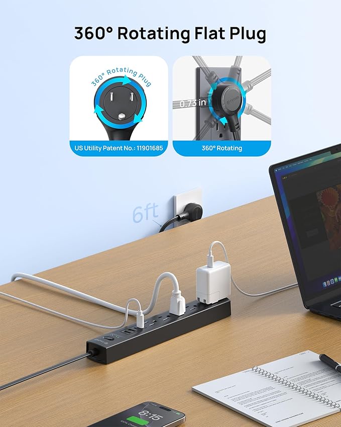TROND 360° Rotating Plug Surge Protector Power Strip, 2 USB C and 2 USB A - Image 2