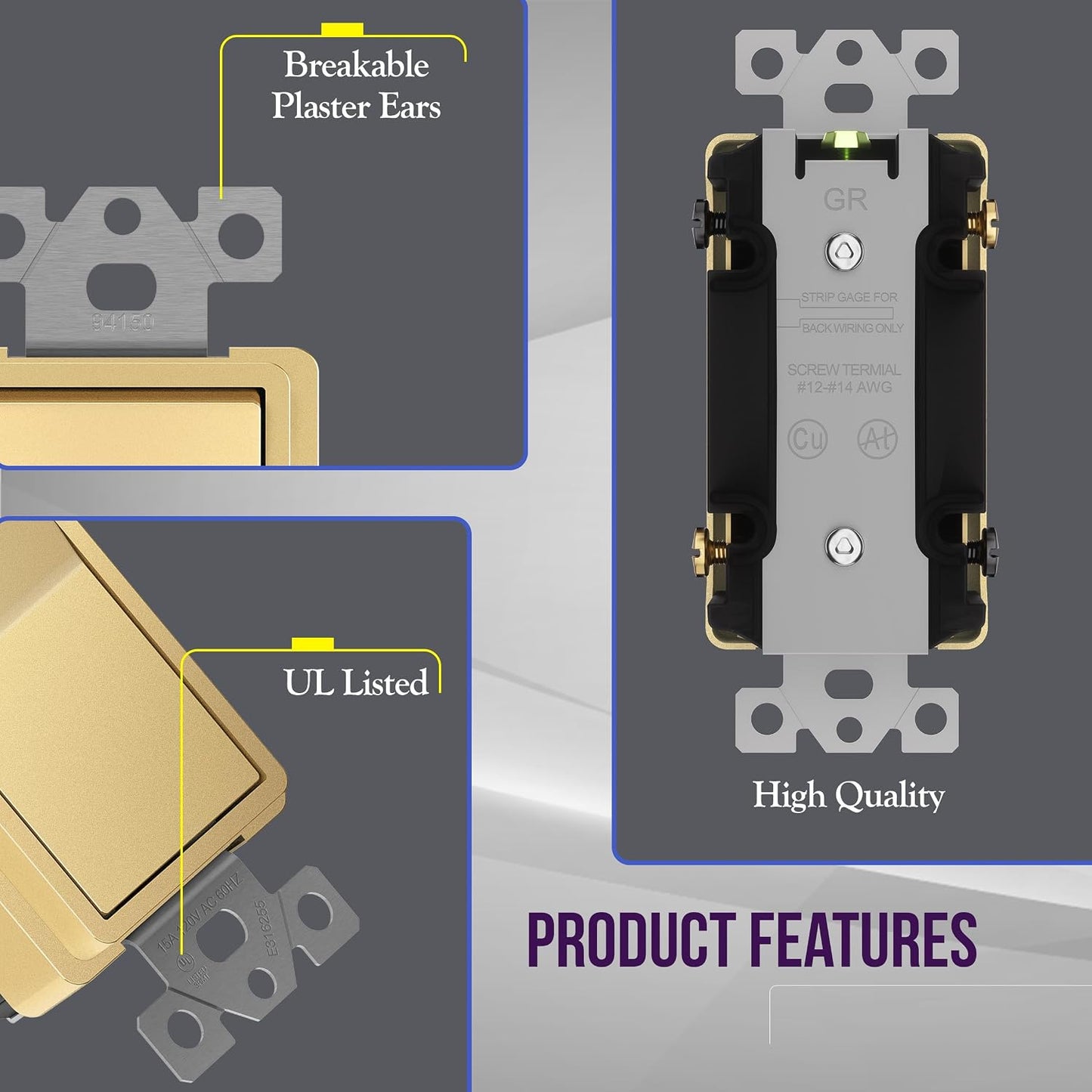 ENERLITES Gold 4-Way Decorator Paddle Rocker Light Switch, 15A, 2 Pack | Four Way Decorative Switch, 120V/277V, Clamp Down Wiring, Grounding Screw, Residential Grade, Gloss Finish, UL Listed