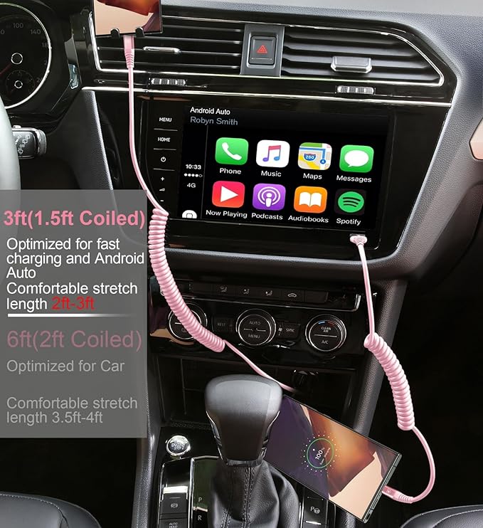 USB C to C Cable 3FT for Car, Coiled USB C Fast Charging Cable for iPhone - Image 4