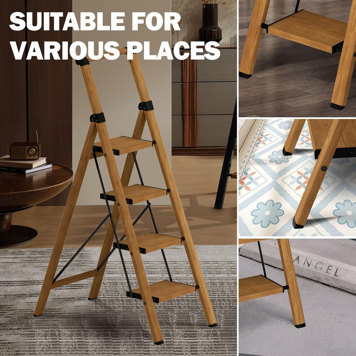 4 Step Ladder,Lightweight Folding Step Stool with Aluminum Wide Pedal& Convenient Handgrip,330lbs Capacity Steel Ladder for Household and Office(Woodgrain) | Step ladder with handrail & folding anti-slip steps, 330 lbs for home,kitchen,office,outdoor,Gold