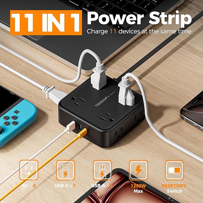 TESSAN Surge Protector Power Strip Black, 5 Ft Flat Plug Extension Cord - Image 3