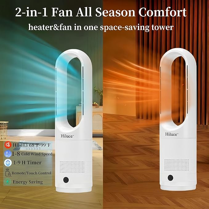 Hiluce All Season Bladeless Fan, 1400W Space Heater & 40W Tower Fan Combo - Image 5
