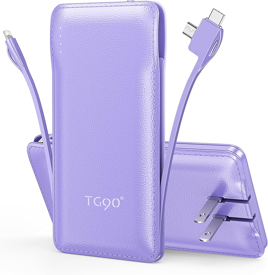 TG90° Portable Charger, 10000mAh Power Bank Built-in Cables and AC Wall Plug by TG90%C2%B0
