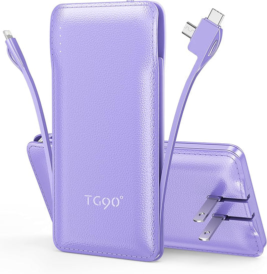 TG90° Portable Charger, 10000mAh Power Bank Built-in Cables and AC Wall Plug by TG90%C2%B0