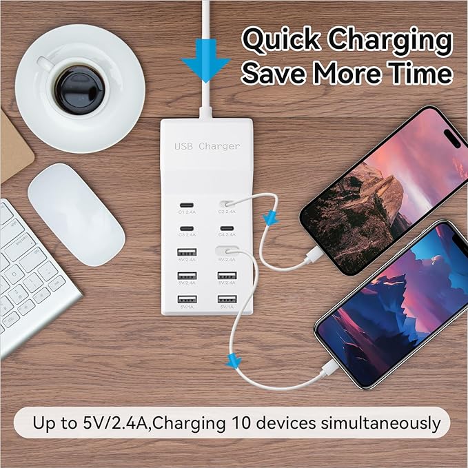 USB Charging Station with 6 USB-A & 4 USB-C Ports, 50W 10A USB Charging Block - Image 2
