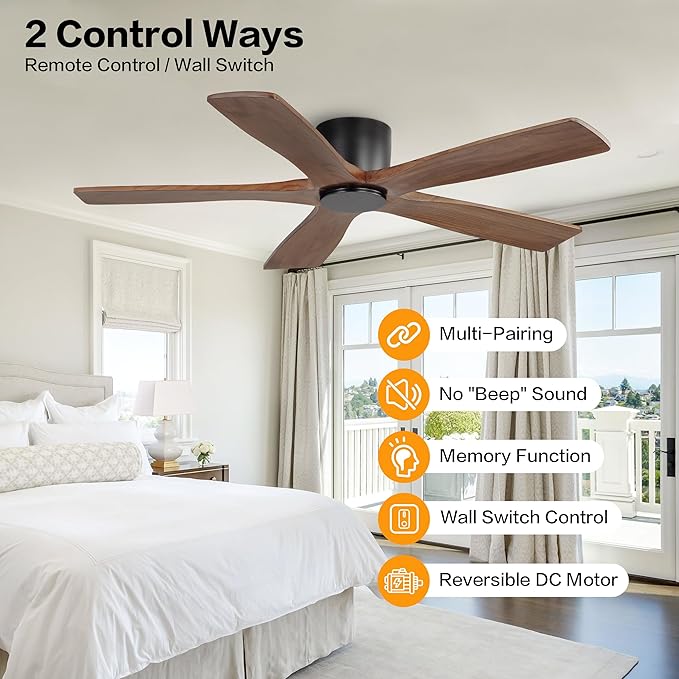 WINGBO 48" Flush Mount DC Ceiling Fans without Lights, 5 Carved Solid Wood - Image 2