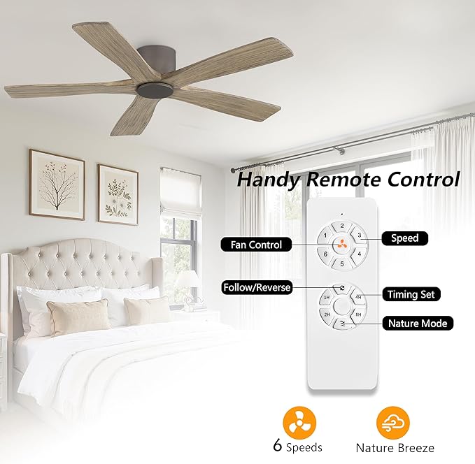 WINGBO 48" Flush Mount DC Ceiling Fans without Lights, 5 Carved Solid Wood - Image 7
