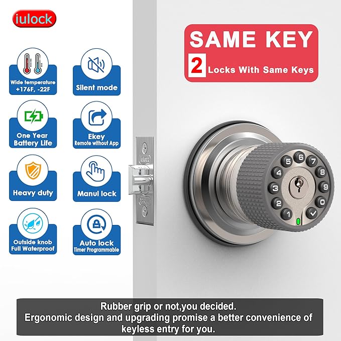 iulock Smart Door Knob with Keypad and Key, Keyless Entry Door Lock with Rubber - Image 3