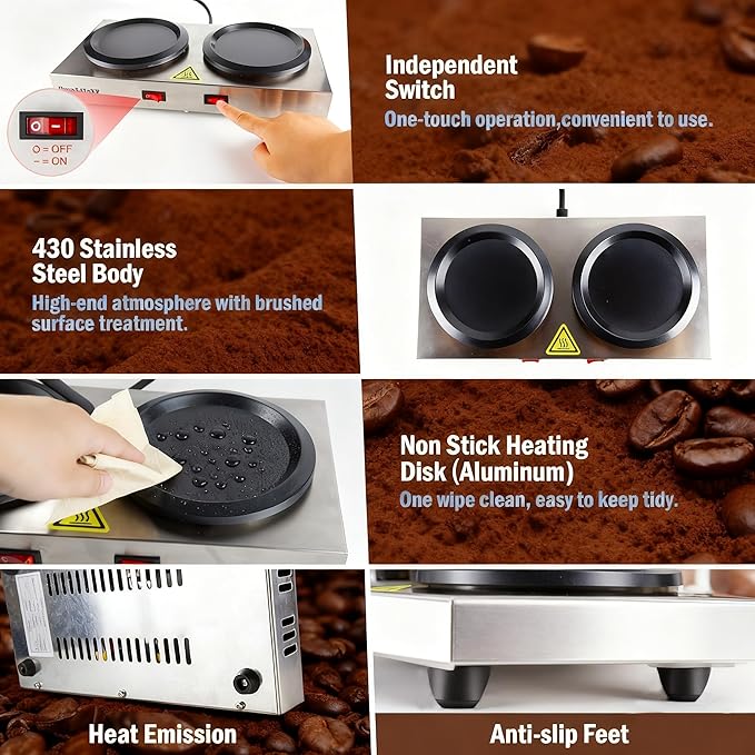 Commercial Double Coffee Carafe Warmer, Stainless Steel, 2 Burners Decanter - Image 2