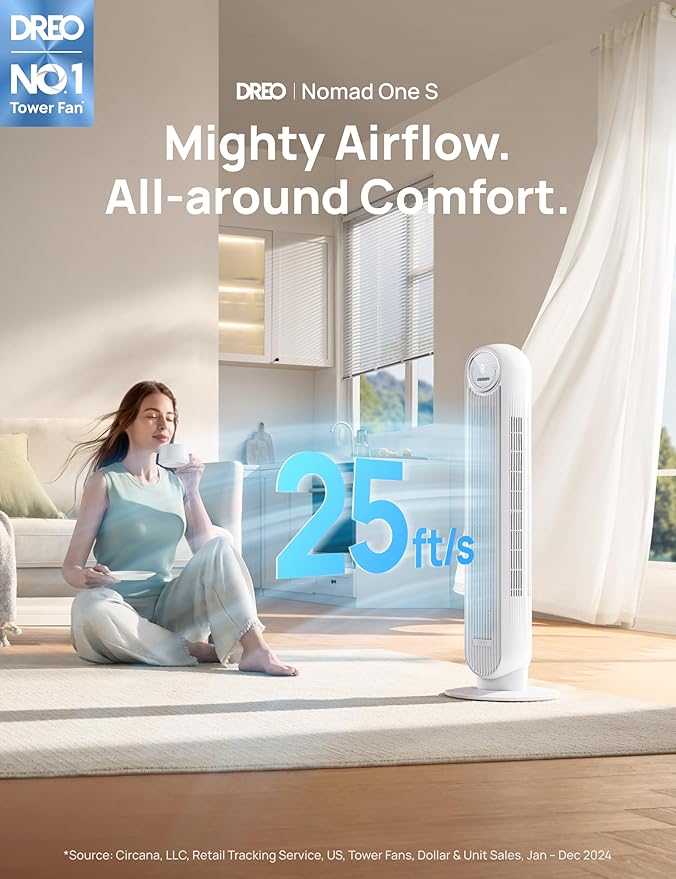 Dreo Tower Fan for Bedroom, 25ft/s Smart Standing Fans, 90° Oscillating Floor - Image 2