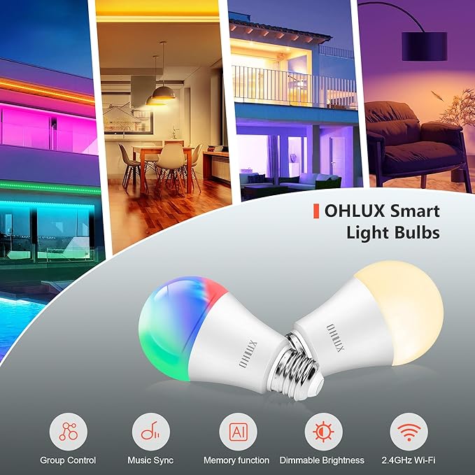 OHLUX Smart Light Bulbs 8Pack, WiFi & Bluetooth, RGB Color Changing, 100W - Image 6