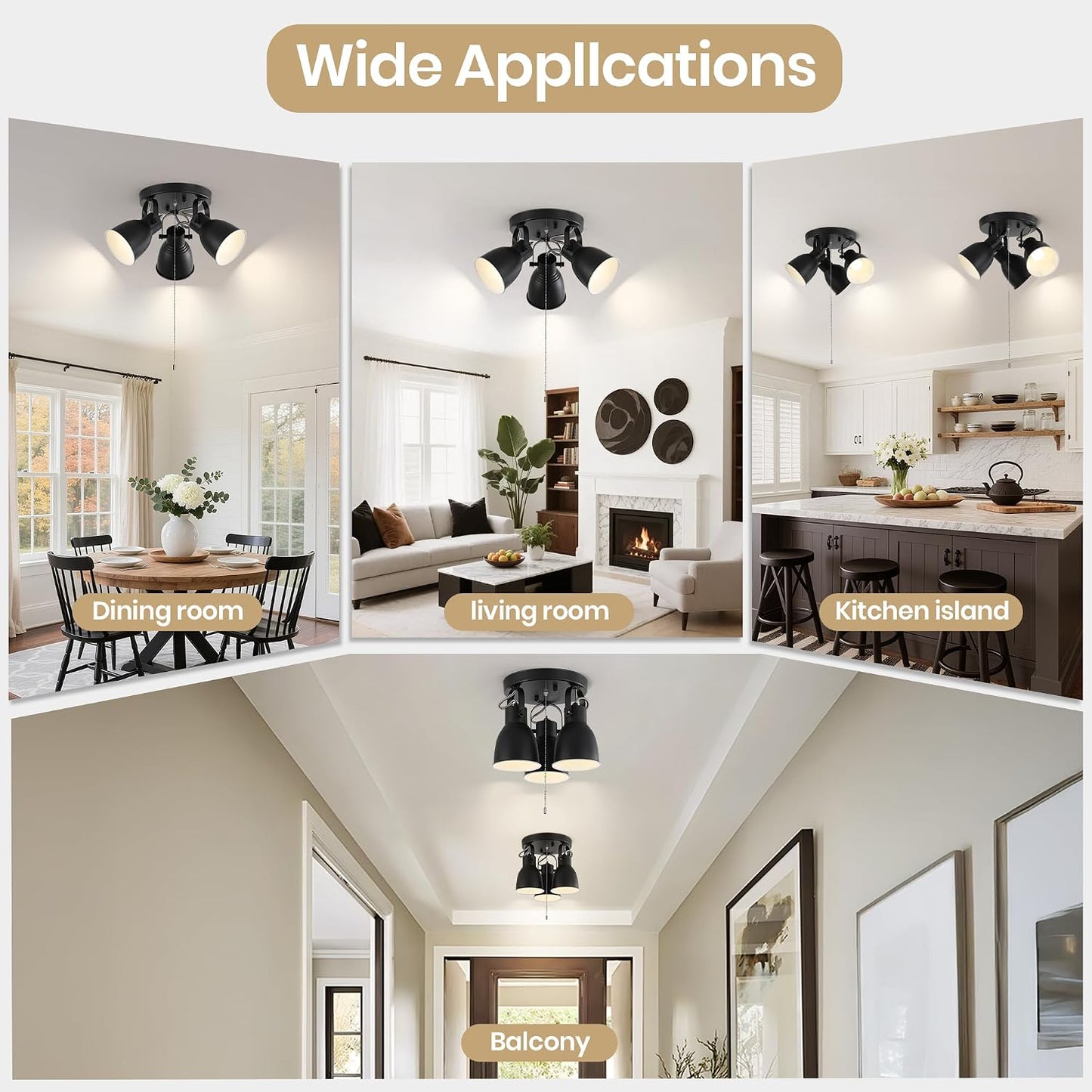 3-Light Track Ceiling Light with Pull Chain Switch, Matte Black Multi Directional Flush Mount Ceiling Spot Light, E26 Base Industrial Ceiling Light Fixture for Kitchen Hallway Entryway Bedroom Closet