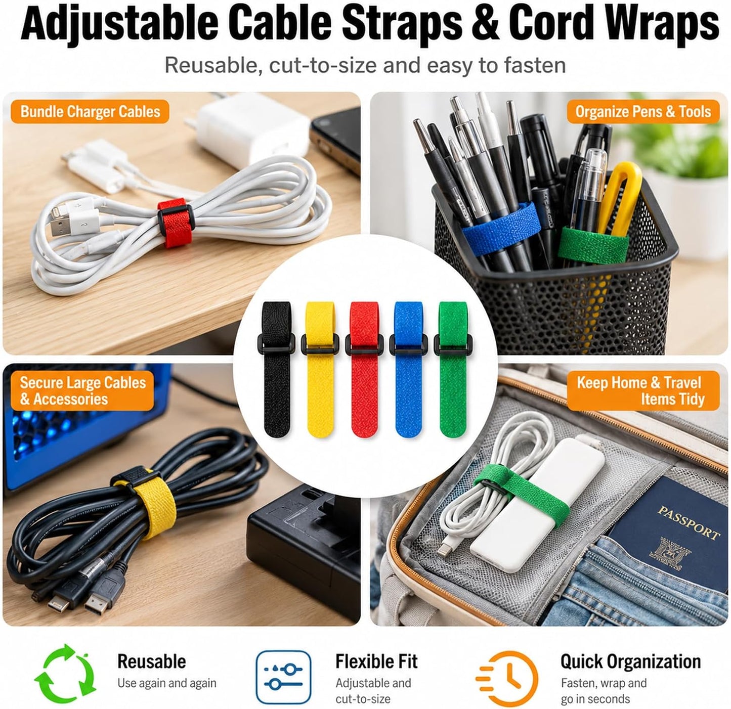 Cable Management Kit, 135 Pcs Reusable Cable Ties and Cord Labels | with Adhesive Cable Clips, Hook and Loop Straps for Under Desk Wire Organizer Home Office - Multicolor