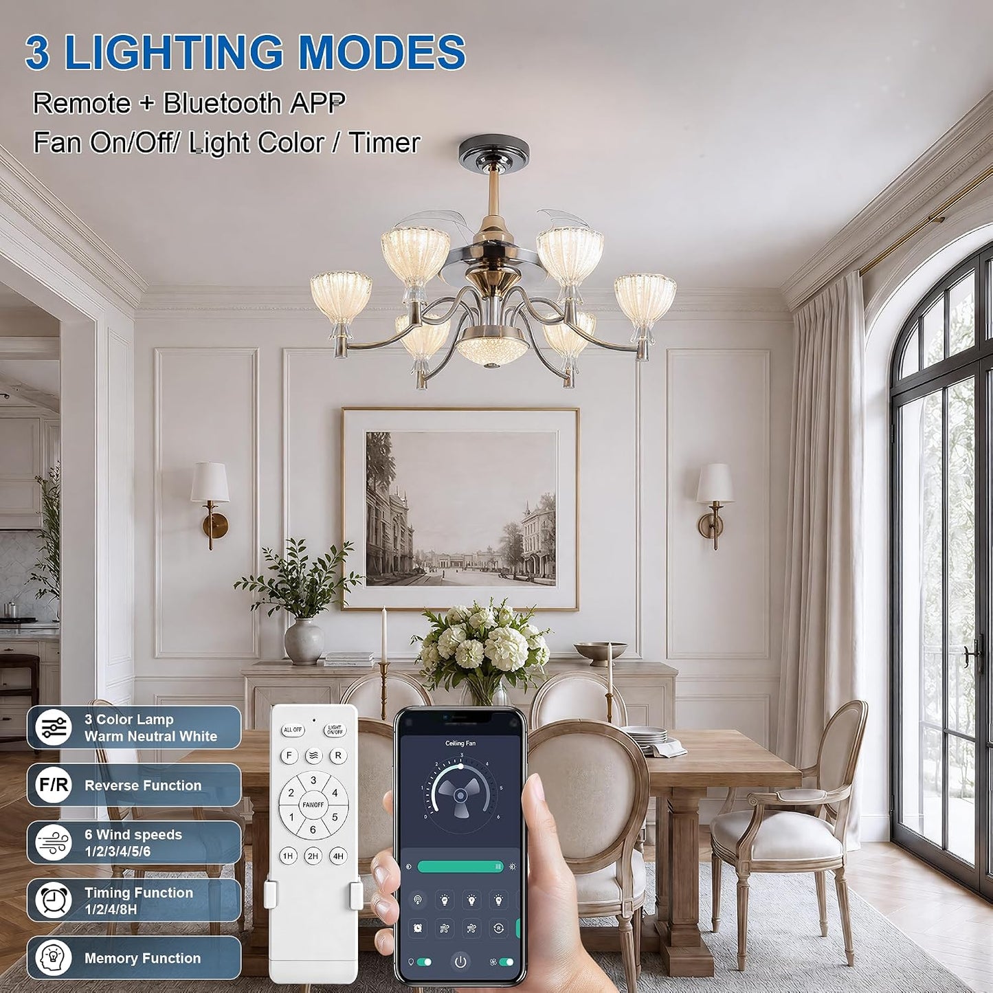 JAYNLT 30" Luxury Fandelier Ceiling Fan with Lights, Retractable Blades | Chandelier for Dining Room, Quiet Reversible DC Motor, Remote & APP Smart Control, 6-Speed Wind & Timer Function