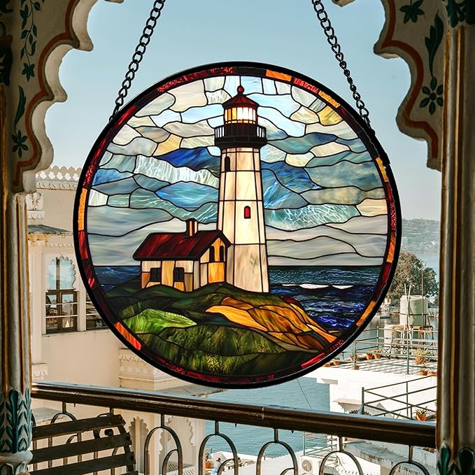 DASTOLL Stained Glass Window Hanging, Ocean Lighthouse Sun Catchers Glass Panel - Image 7