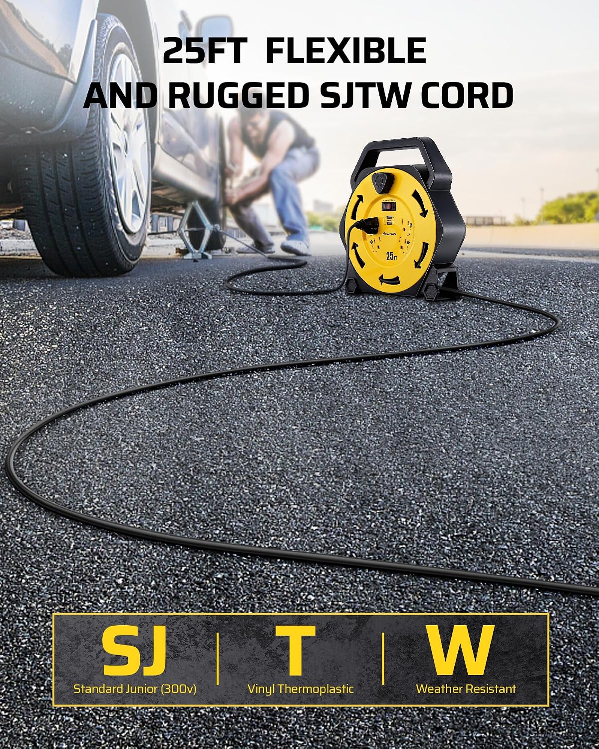 DEWENWILS 25FT Extension Cord Reel, Hand Wind Retractable Cord Reel | 16/3 SJTW, 4 Grounded Outlets, 2-USB Ports (3.4A Fast Charge), 13A Circuit Breaker, for Garage, Workshop, Outdoor, UL Listed