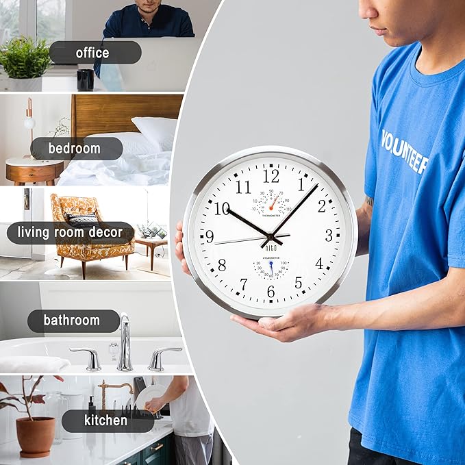 HITO 12 Inch Silent Wall Clock Battery Operated Non Ticking Glass Cover Silver - Image 6