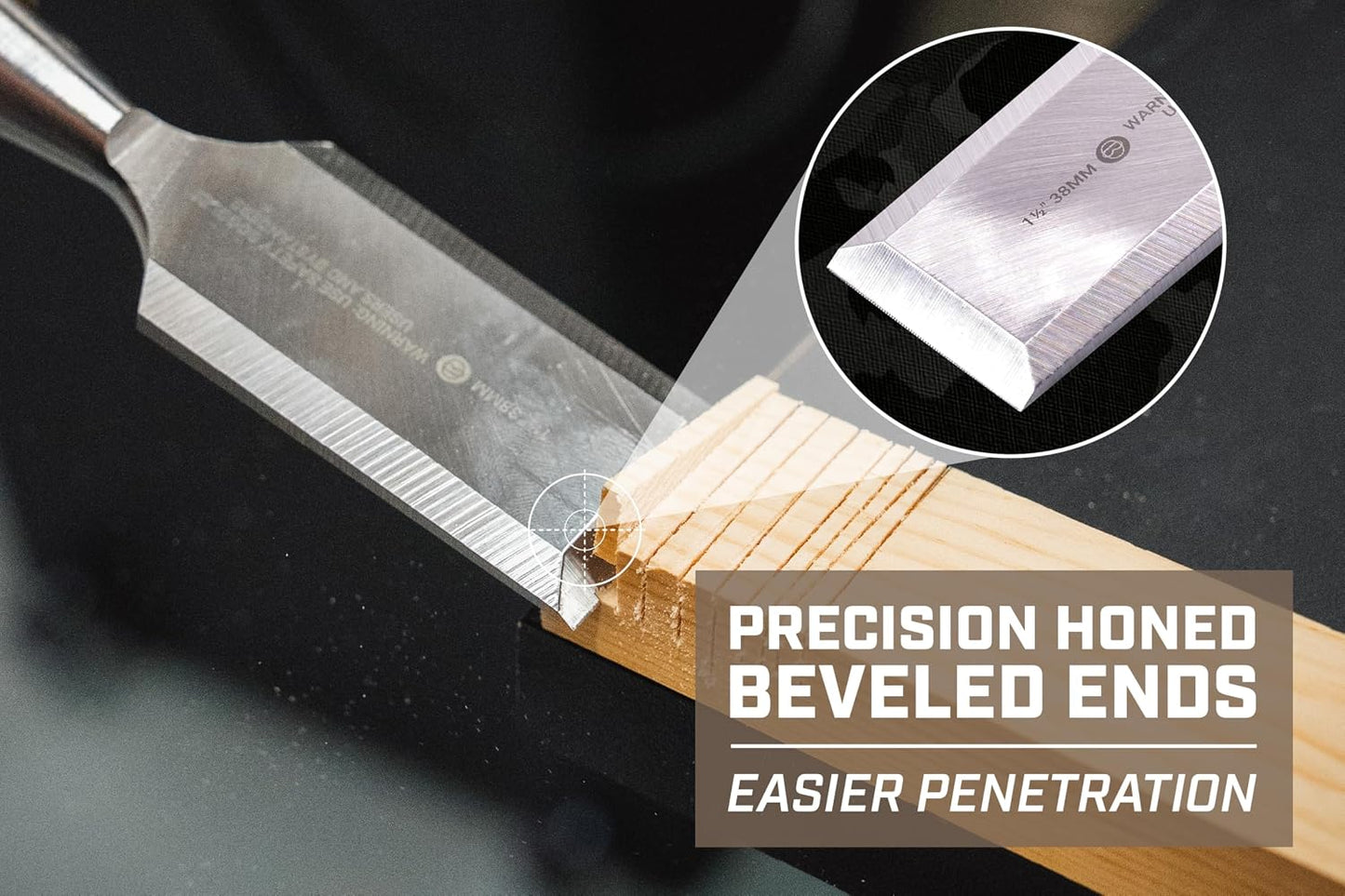 Spec Ops Tools Wood Chisel for Carpentry & Woodworking, Beveled Edge High-Carbon Steel Blade, Full Tang Shock-Absorbing Grip, 1-1/2" Blade