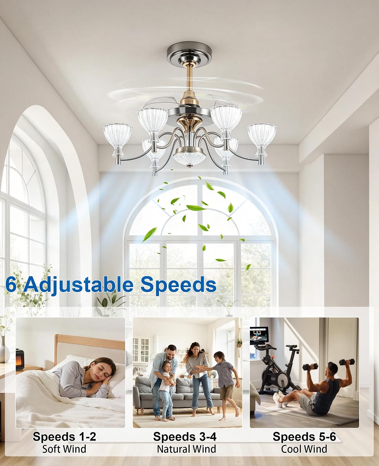JAYNLT 30" Luxury Fandelier Ceiling Fan with Lights, Retractable Blades | Chandelier for Dining Room, Quiet Reversible DC Motor, Remote & APP Smart Control, 6-Speed Wind & Timer Function