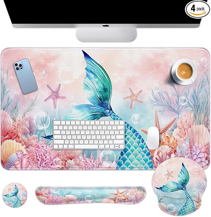 Britimes Pink Cute Deep Sea Mermaid Keyboard Mouse Pad Set 4in1 Large by Britimes