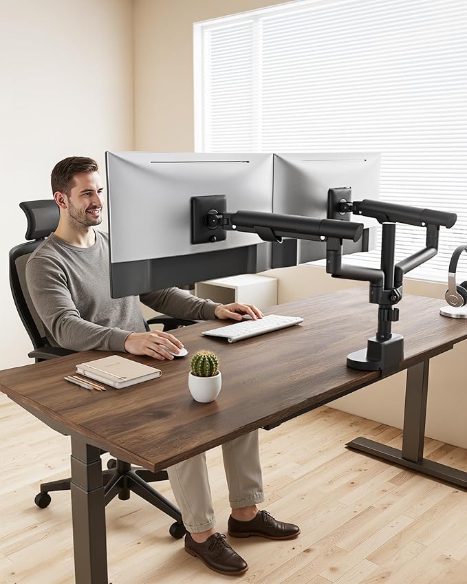 monTEK Dual Monitor Stand with USB Up to 35" Screens, Tall Post Mounted Monitor - Image 7