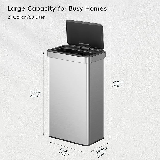 EKO Nova Sensor Trash Can, 21 Gallon/80 Liter Stainless Steel Rectangular - Image 2