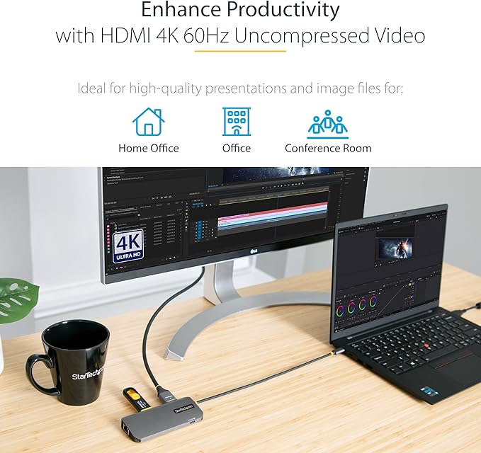 StarTech.com 6-in-1 USB-C Hub for Monitors, 4K 60Hz HDMI Video, Gigabit Ethernet - Image 4