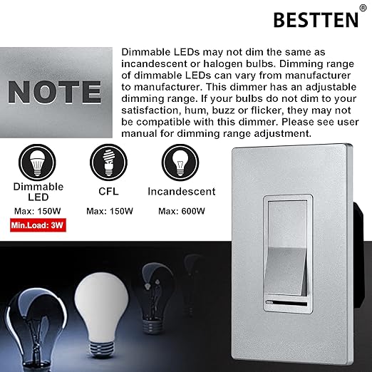 BESTTEN 5 Pack Matte Silver Dimmer Light Switch, Single Pole or 3-Way, - Image 5