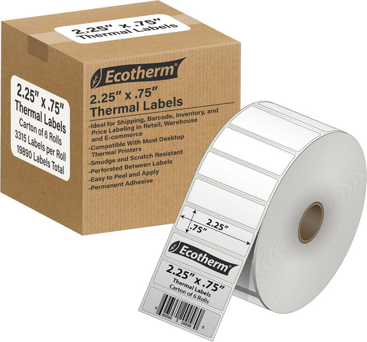 2.25" x .75" Thermal Labels | 6 Rolls | 19890 Labels | fits Zebra, Offnova