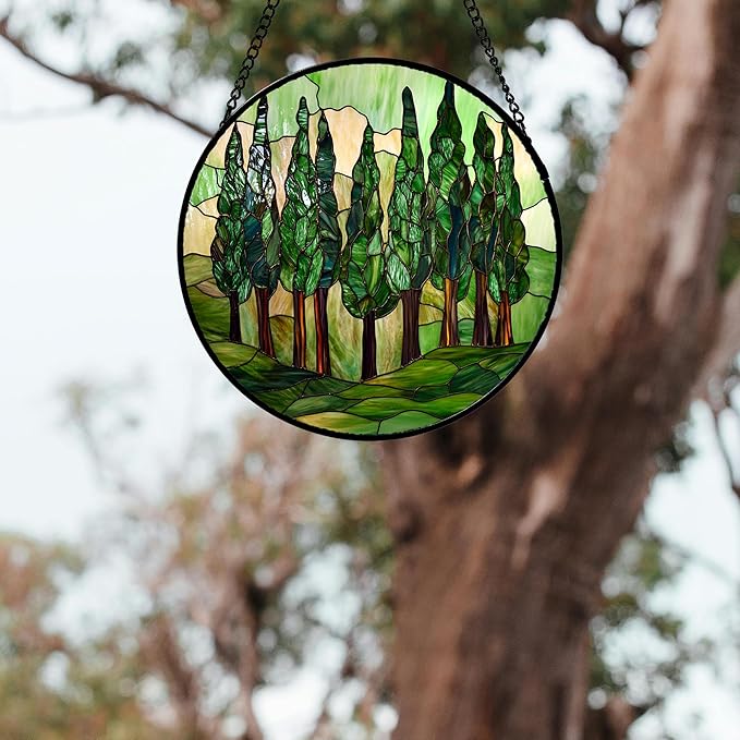 AMDERVEN Stained Glass Window Hanging 4 Pcs Set Forest Green Trees Winter Snow - Image 5