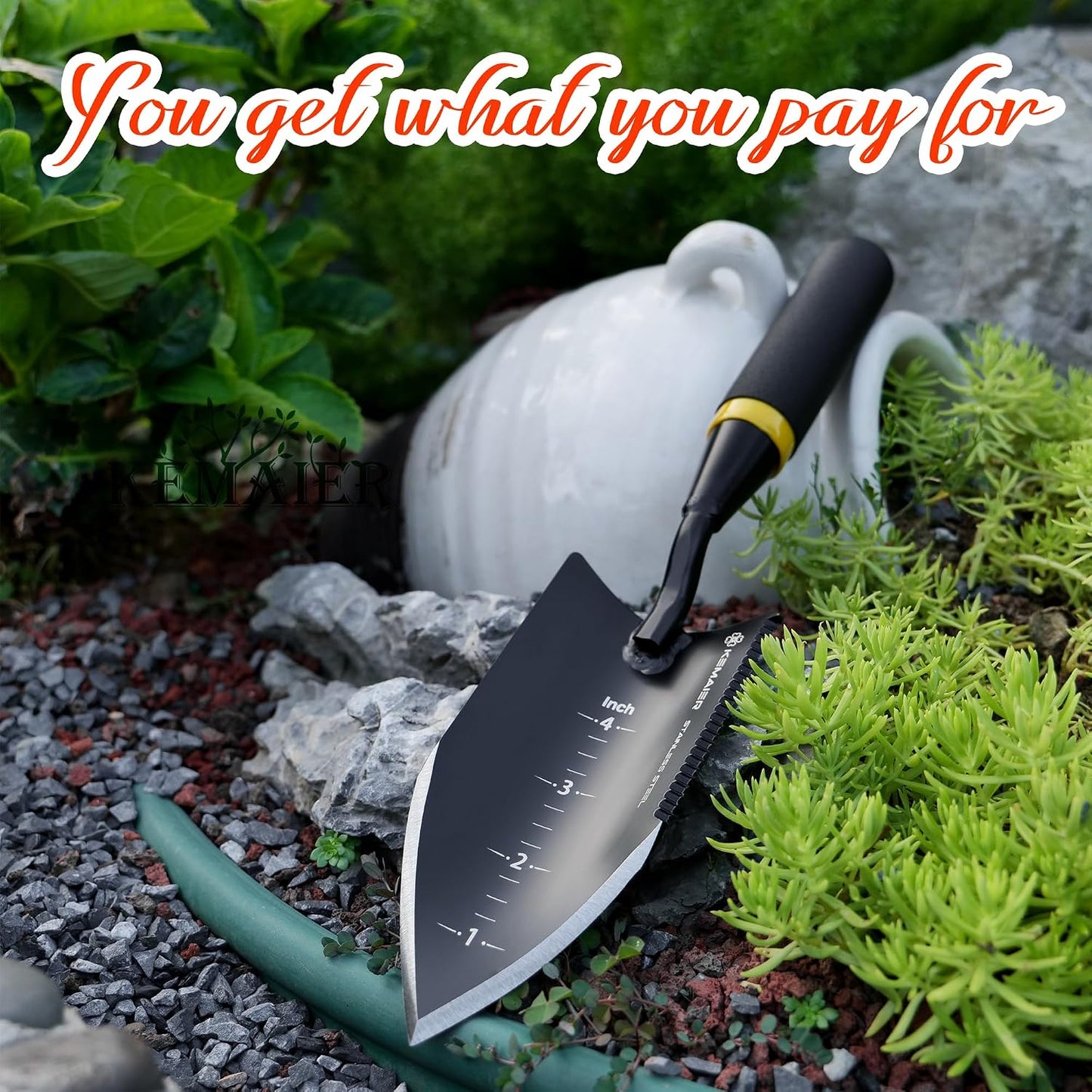 Kemaier Heavy Duty Gardening Hand Trowel - Stainless Steel Tool | Sharp Weeding, Serrated Cutting, Measured Planting, The Shovel Pros Actually Rely On