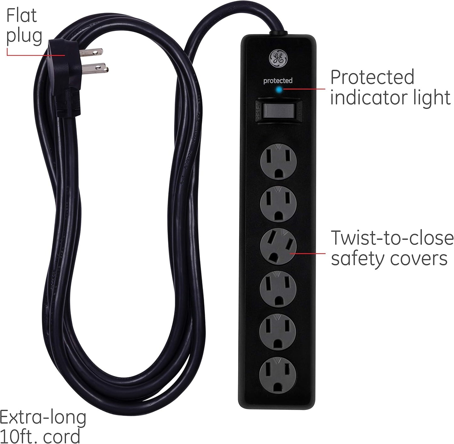 GE Surge Protector Power Strip, 10 Ft Extension Cord, 6 Outlet Extender | 800 Joules, Flat Plug, Wall Mount, Twist-to-Close Safety Covers, ETL Safety Listed, Black, 37442