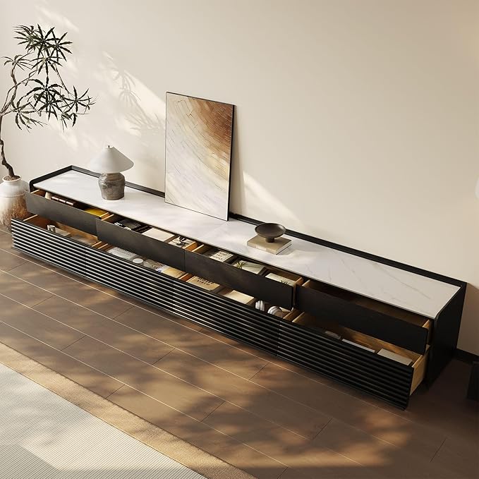 POVISON Fully-Assembled Mid Century Glossy Sintered Stone TV Stand, 118.11" - Image 3