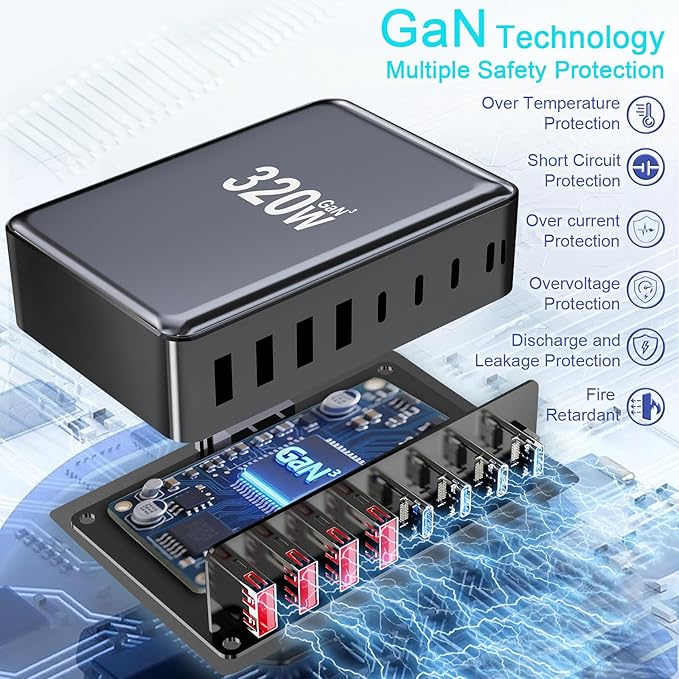 320W USB C Charger Block, 8-Port Fast USB Charging Station Hub PD 100W GaN Ⅲ - Image 5