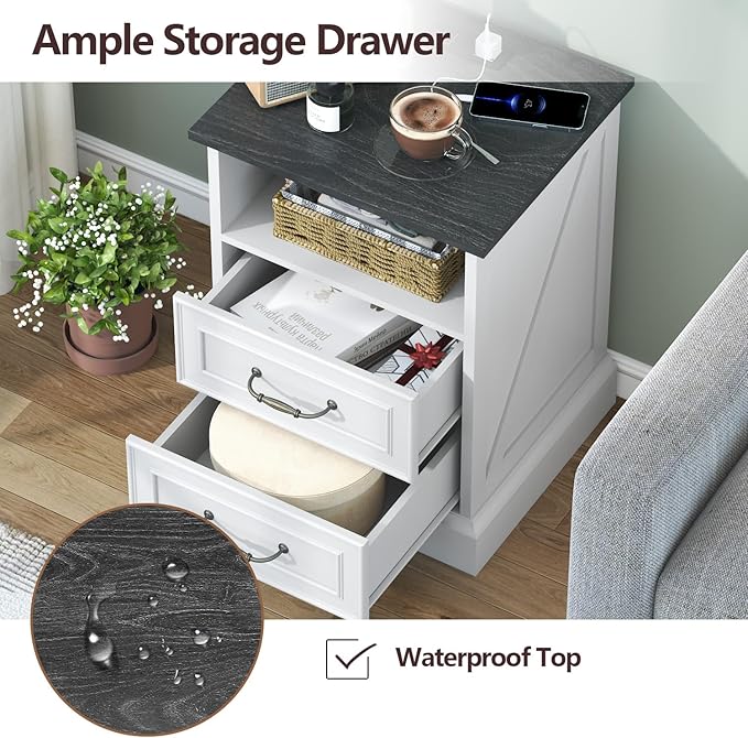 Nightstand with Charging Station Set of 2, Rustic Farmhouse Wood Small Dresser - Image 5