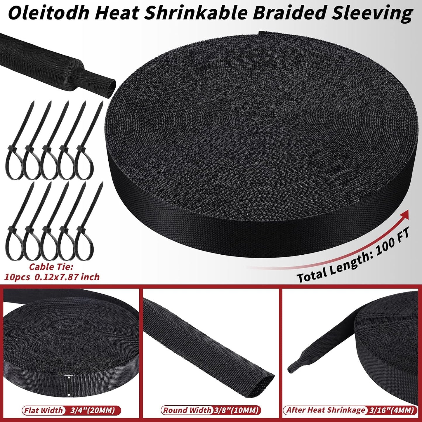Oleitodh 100 ft 3/8 in 2:1 Heat Shrink Braided Sleeving, Black | Abrasion-resistant polyolefin and polyester sleeve for automotive wiring harness protection and cable management.