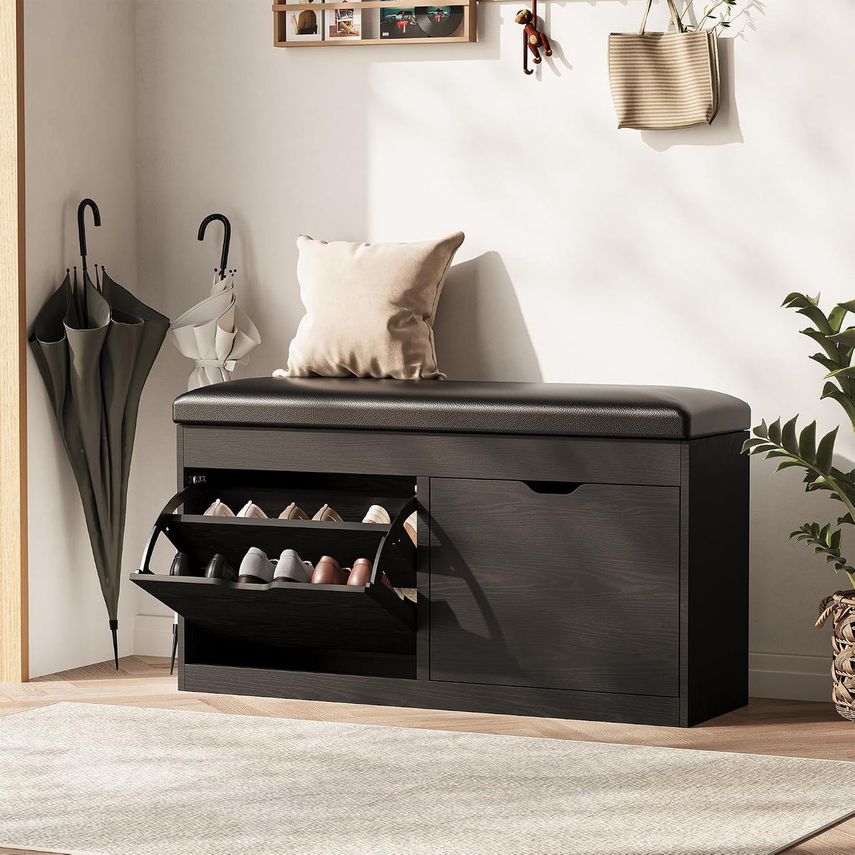 40" shoe storage bench with flip drawers padded, main product view