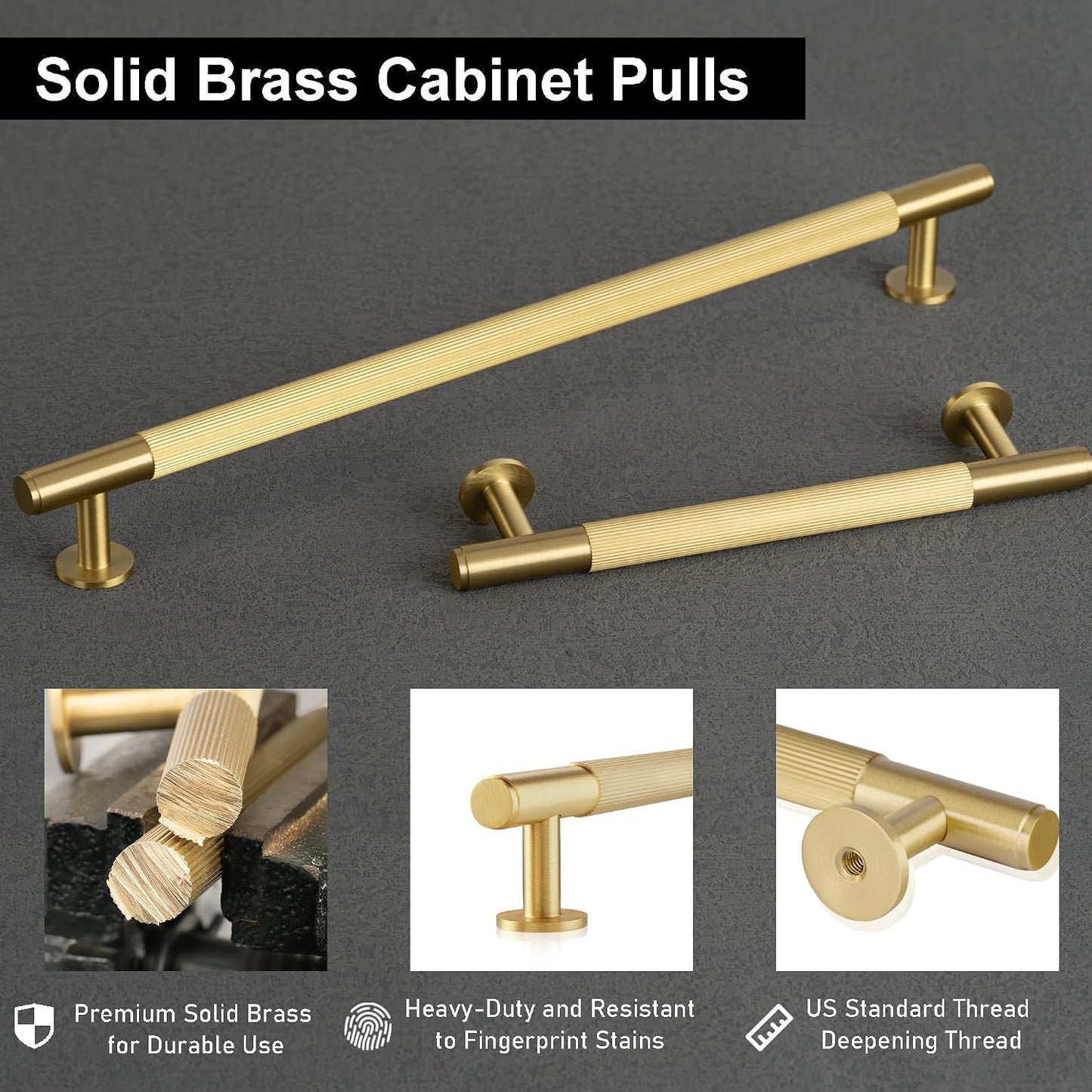 QOGRISUN Solid Brass Appliance Pull 18 Inch, Glod Long Cabinet Handles | Solid Brass, Grooved Texture, Fridge Handle, Refrigerator Pull, Appliance Handle, Heavy Duty, Brushed Brass Finish
