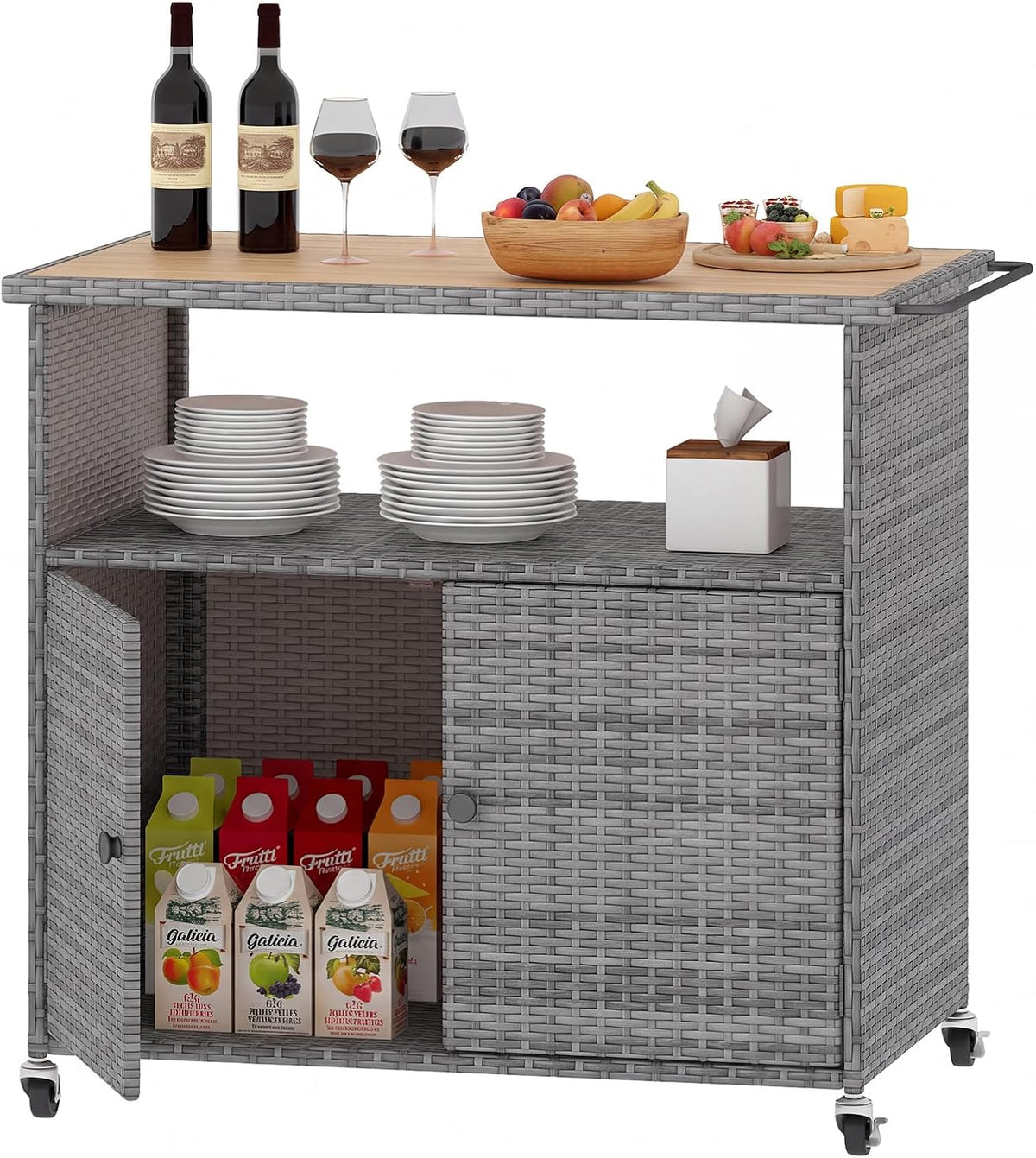 tangkula rattan outdoor storage cabinet with 4 wheels shown in use