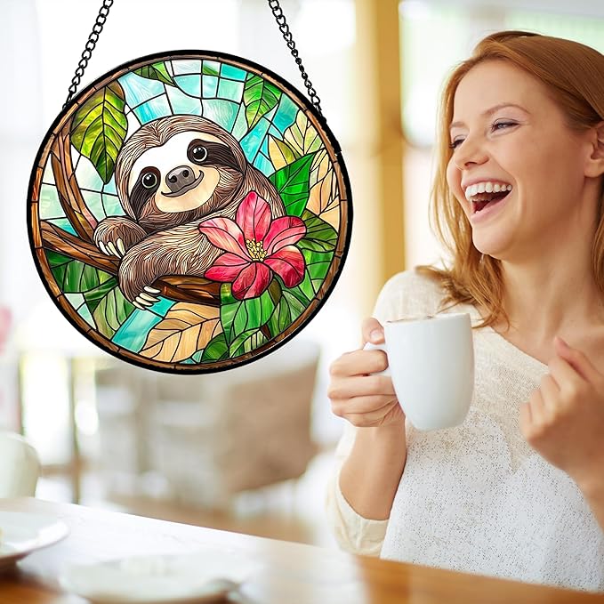 AMDERVEN Stained Glass Window Hanging, Cute Sloth Sun Catcher - Image 4