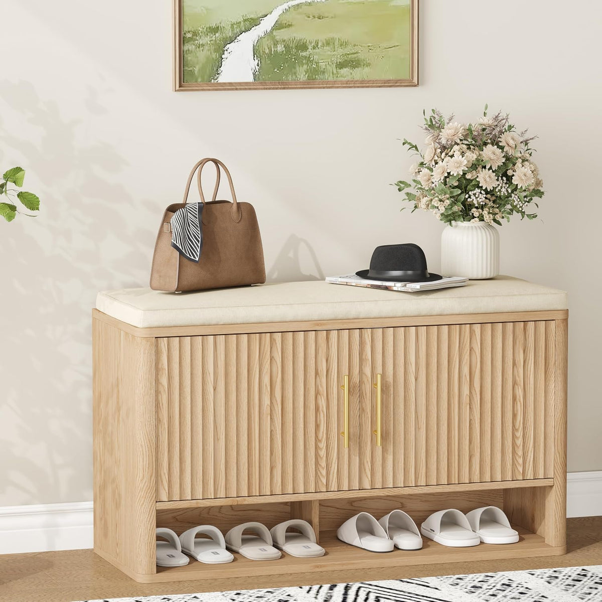 fluted shoe storage bench, entryway bench with adjustable, main product view
