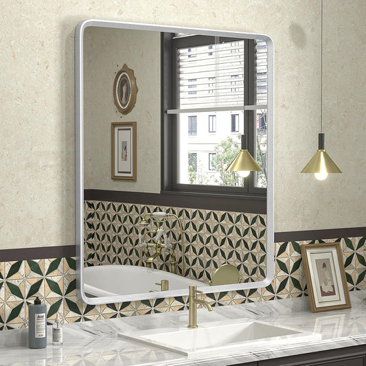 30x36 Inch Silver Bathroom Mirror, Brushed Silver Metal Frame Mirror, Rounded