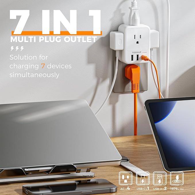 USB Charger Block, TESSAN Outlet Extender Surge Protector - Image 3