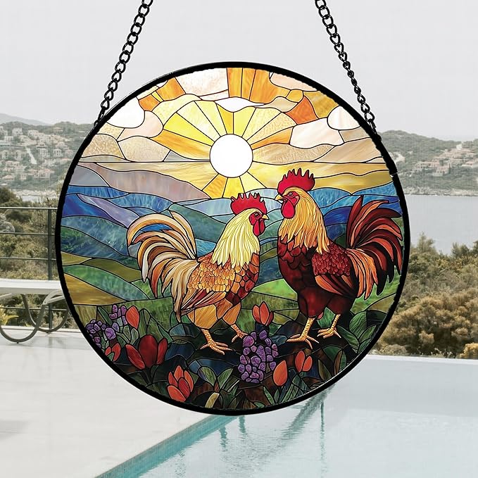 AMDERVEN Stained Glass Window Hanging, Countryside Scenery Chicken Sun Catcher - Image 5