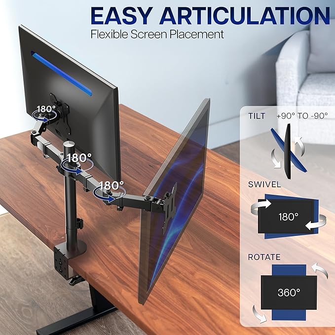 VIVO Dual Monitor Desk Mount, Heavy Duty Fully Adjustable Steel Stand, Holds 2 - Image 3