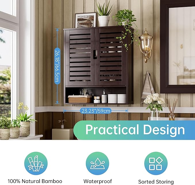 SMIBUY Bathroom Cabinet Wall Mounted, Bamboo Over-The-Toilet Storage Organizer - Image 6