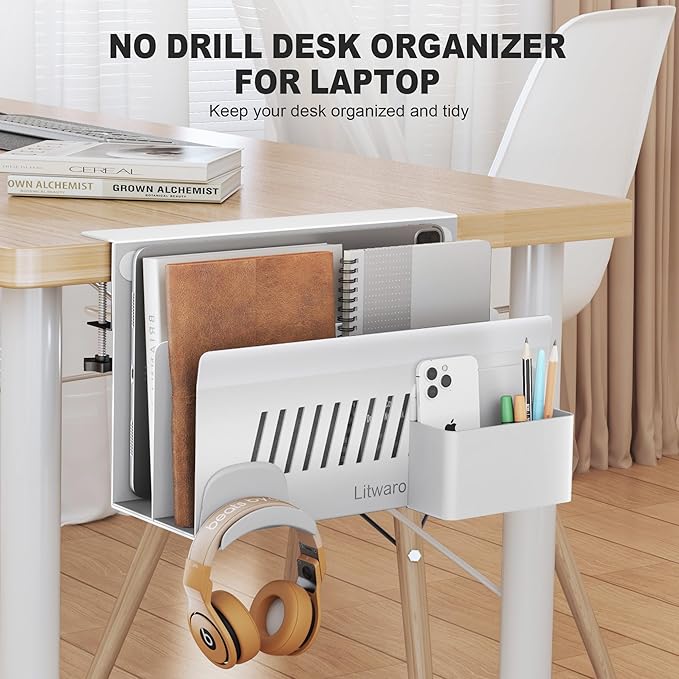 Litwaro Desk Side Storage Organizer, 2 Tier Under Desk Laptop Holder No Drill - Image 6